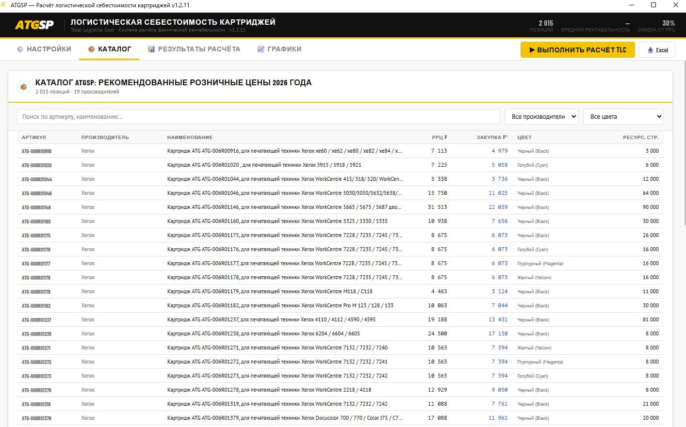 CartridgeMonitor: Настройки и расчёт TLC